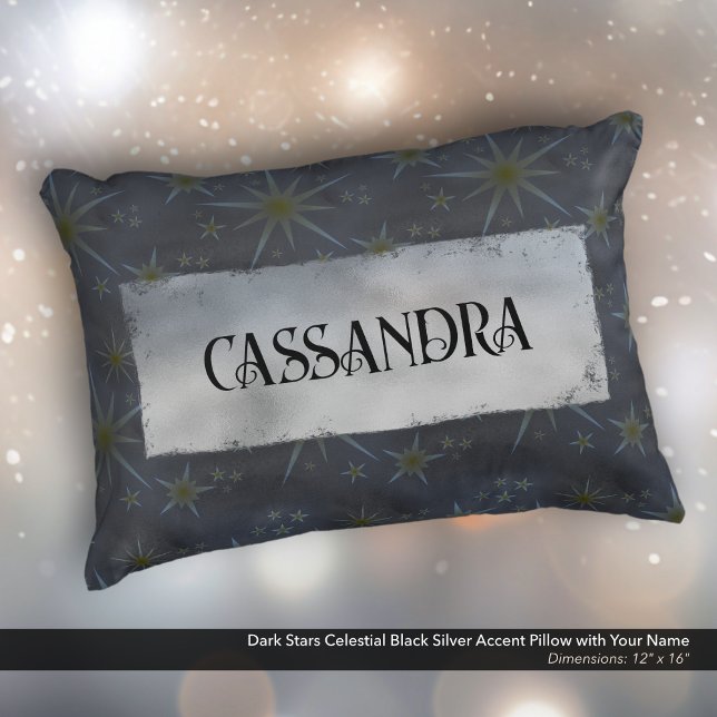 Dark Stars Celestial Black Silver Name Accent Pillow (Dark Stars Celestial Black and Silver Accent Pillow Personalized with Your Name.)