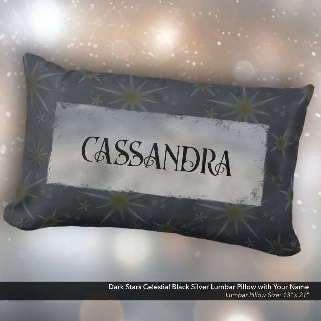 Dark Stars Celestial Black Silver Name Lumbar Pillow (Dark Stars Celestial Black and Silver Lumbar Pillow Personalized with Your Name.)
