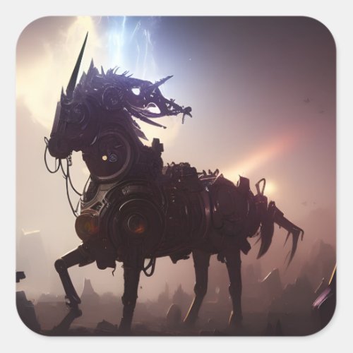 Dark Steampunk Cyborg Unicorn v1 Square Sticker