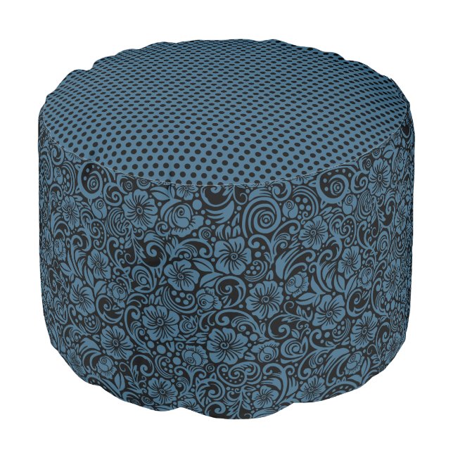 Dark Steel Blue Floral and Dot Pouf (Angled Front)