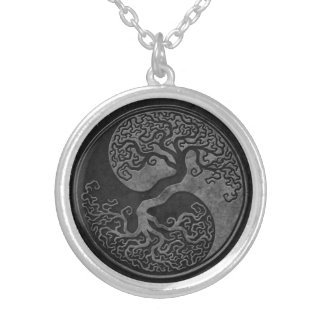 Dark Stone Yin Yang Trees Silver Plated Necklace