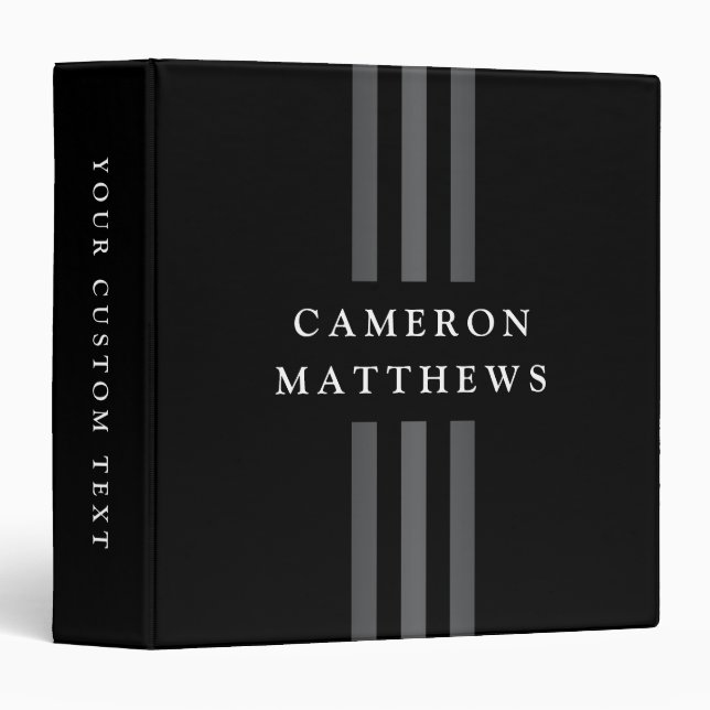 Dark stripes custom name modern black 3 ring binder (Front/Spine)