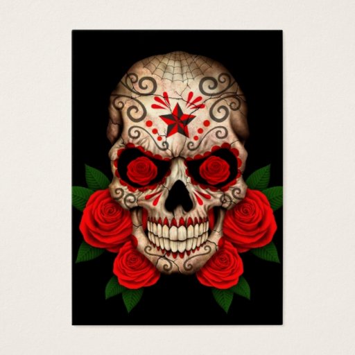 Customizable Dark Sugar Skull with Red Roses Business Card