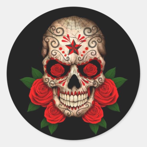 Dark Sugar Skull with Red Roses Classic Round Sticker