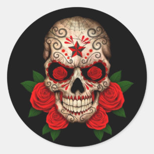 Dark Sugar Skull with Red Roses Classic Round Sticker