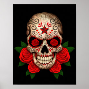 Dark Sugar Skull with Red Roses Poster