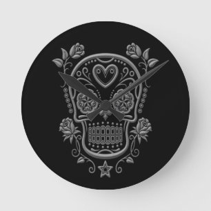 Dark Sugar Skull with Roses on Black Round Clock