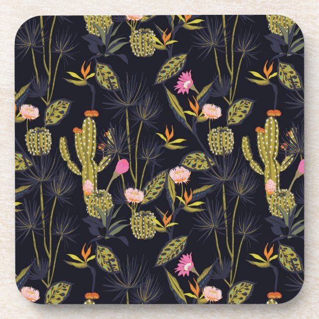 Dark Summer Night Cactus Pattern Beverage Coaster (Front)