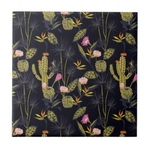 Dark Summer Night Cactus Pattern Ceramic Tile