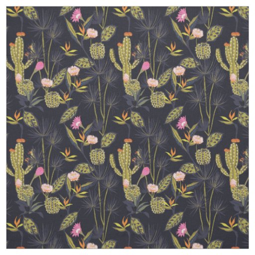 Dark Summer Night Cactus Pattern Fabric