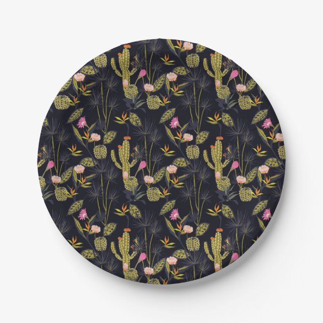 Dark Summer Night Cactus Pattern Paper Plates (Front)