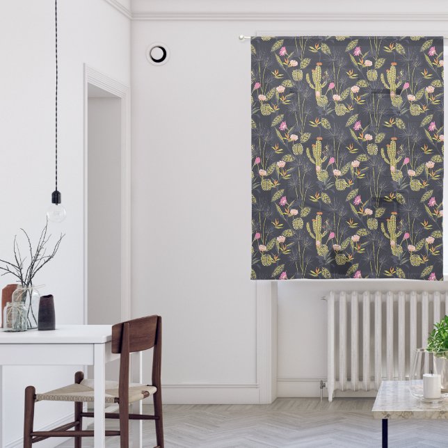 Dark Summer Night Cactus Pattern Sheer Curtains (Living Room)