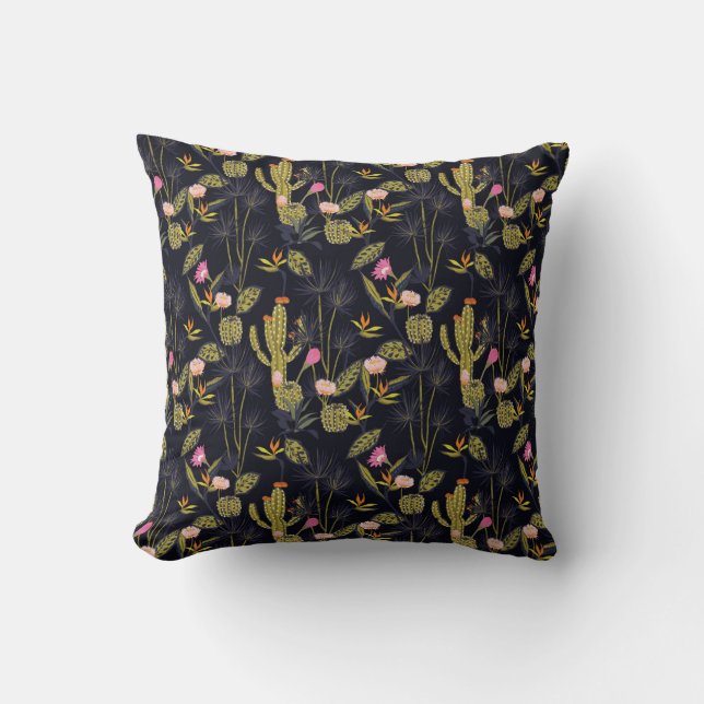 Dark Summer Night Cactus Pattern Throw Pillow (Front)