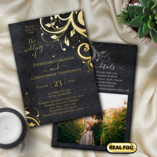 Dark Swirls and Leaves Photo on Back Wedding Foil Invitation