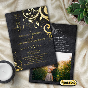 Dark Swirls And Leaves Photo On Back Wedding Foil Invitation by CustomInvites at Zazzle