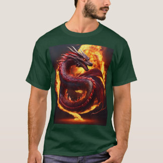 Dark T-Shirt with Fiery Snake Dragon & Watercolor