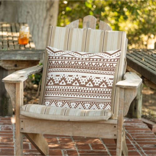 Dark Tan Brown Ivory Zigzag Stripes Tribal Art Outdoor Pillow