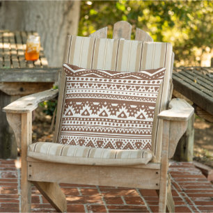 Dark Tan Brown Ivory Zigzag Stripes Tribal Art Outdoor Pillow