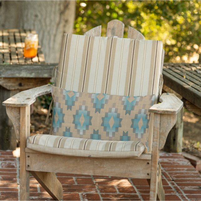 Dark Tan Brown Ochre Taupe Teal Blue Tribal Art Lumbar Pillow (Chair)
