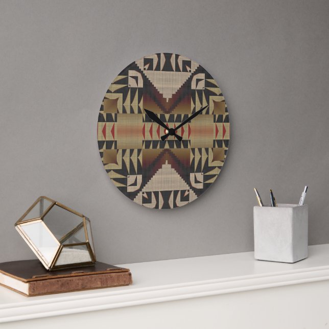 Dark Tan Taupe Brown Red Black Tribal Art Large Clock (Office)