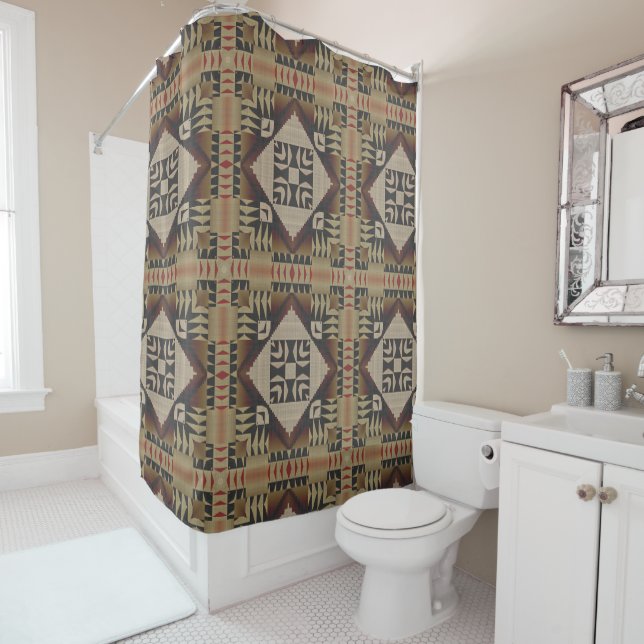 Dark Tan Taupe Brown Red Black Tribal Art Shower Curtain (In Situ)