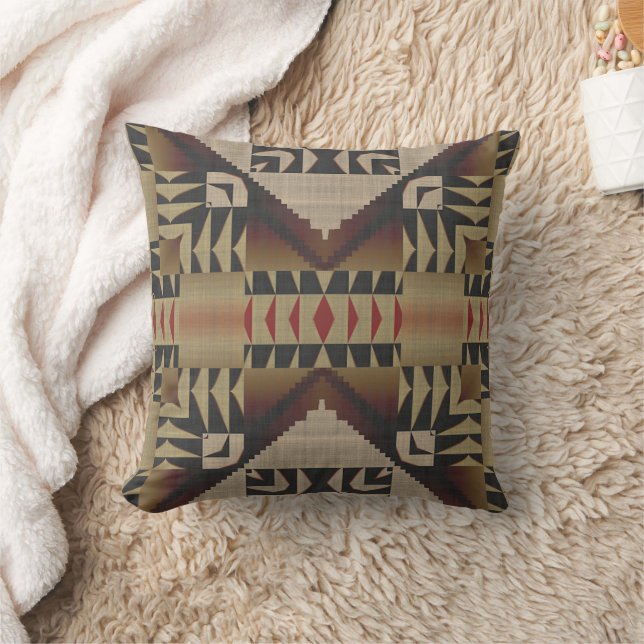 Dark Tan Taupe Brown Red Black Tribal Art Throw Pillow (Blanket)