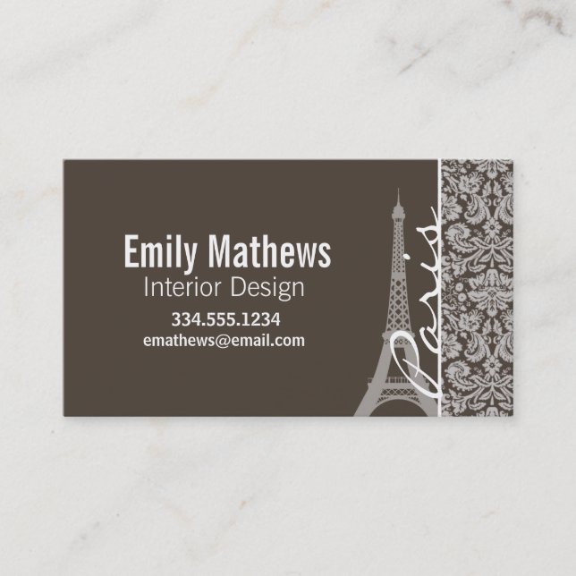 Dark Taupe, Brown Damask; Paris Business Card (Front)
