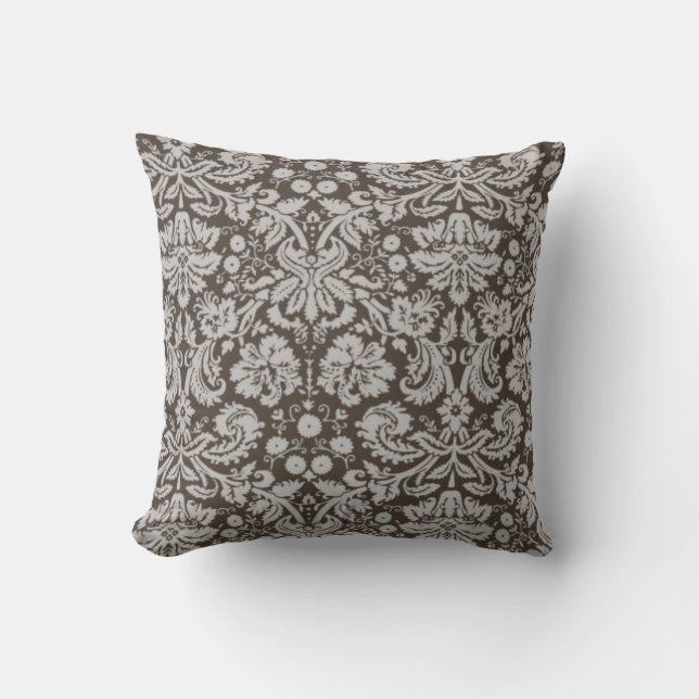 Dark Taupe, Brown Damask Pattern Throw Pillow (Front)