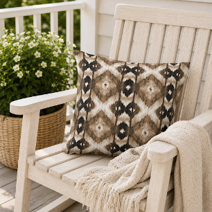 Dark Taupe Brown White Ikat Tribal Art Pattern Outdoor Pillow