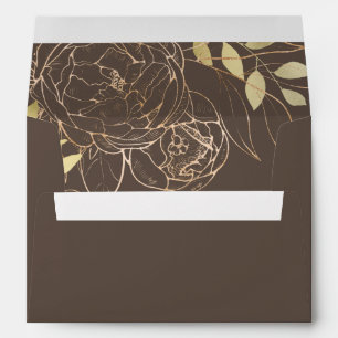 Dark Taupe & Faux Gold Peony Modern Floral Wedding Envelope