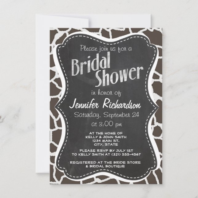 Dark Taupe Giraffe Animal Print; Chalkboard look Invitation (Front)