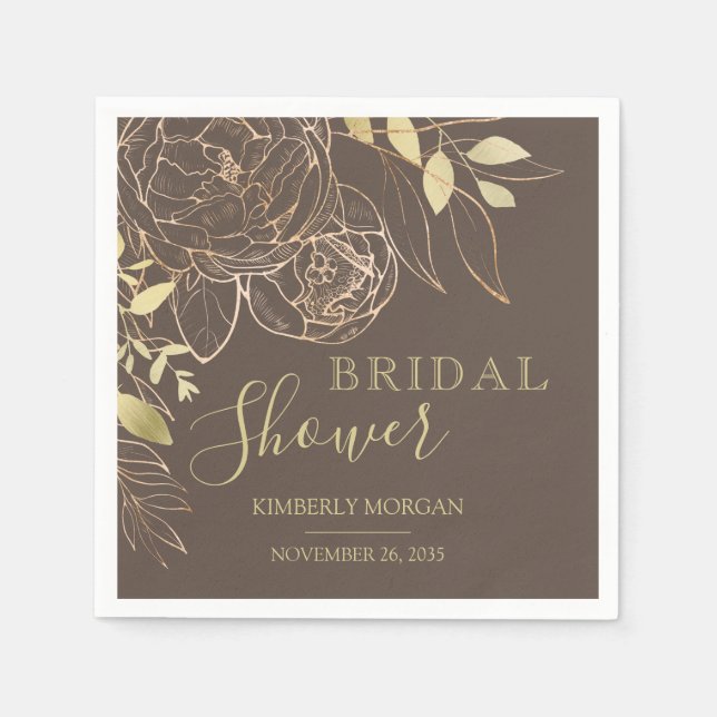 Dark Taupe & Gold Modern Floral Bridal Shower Napk Napkins (Front)