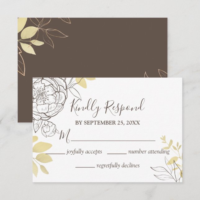 Dark Taupe & Gold Peony Floral Wedding RSVP Card (Front/Back)