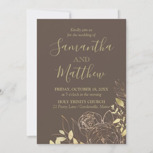 Dark Taupe  Gold Peony Modern Floral Wedding Invitation