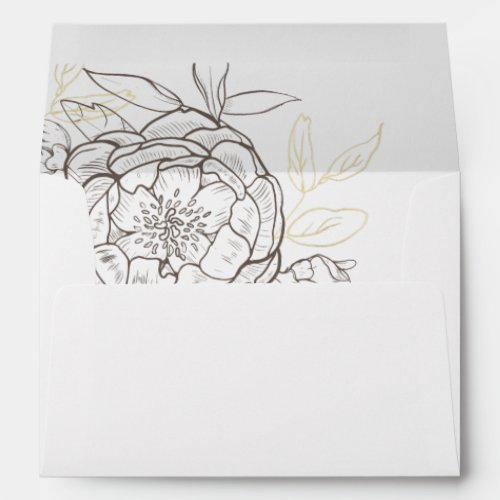 Dark Taupe Peony Floral  Gold Wedding Invitation Envelope