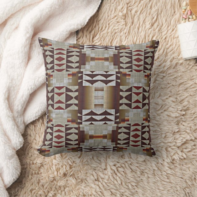 Dark Taupe Red Brown Tan Gray Beige Tribal Art Throw Pillow (Blanket)