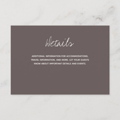 Dark Taupe Typography Wedding Details Enclosure Card