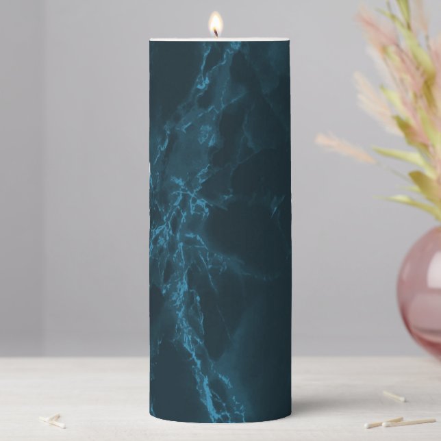 Dark Teal Abstract Marble Pillar Candle (In Situ)