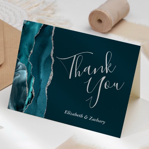 Dark Teal Agate Silver Wedding Thank You Card