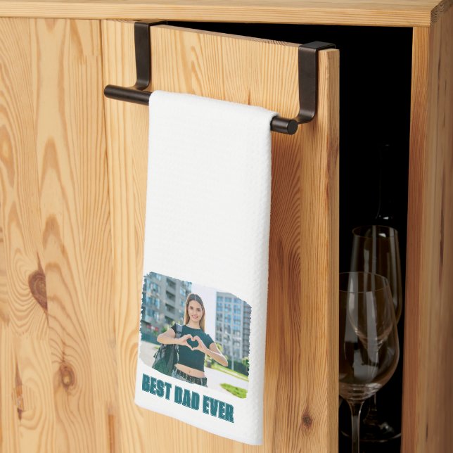 Dark Teal All Caps Best Dad Ever Photo Kitchen Towel (Thirds Fold)