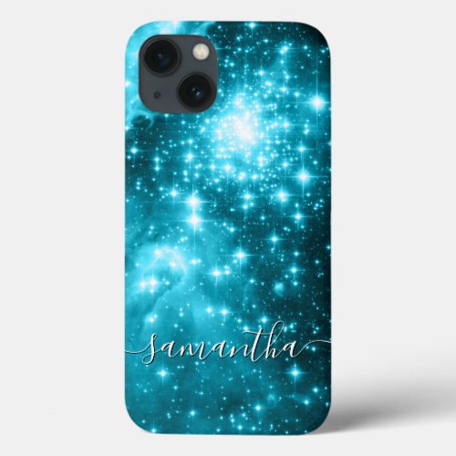 Dark Teal and Aqua Twinkly Stars Celestial Photo iPhone 13 Case