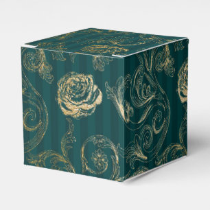 Dark Teal and Gold Floral Damask Favor Boxes