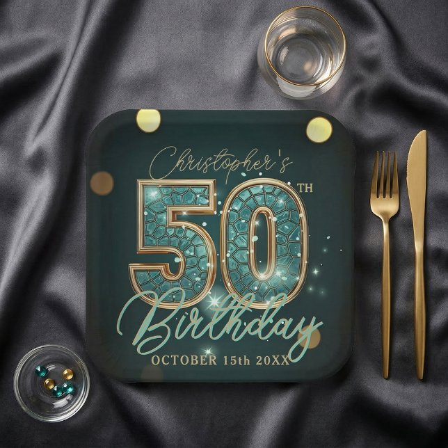 Dark Teal and Gold Mosaic 50th Birthday Party Paper Plates (Creator Uploaded)