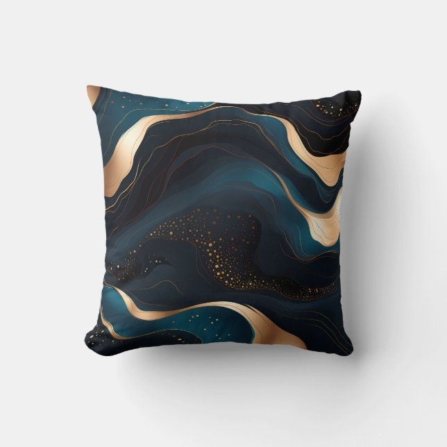 Dark teal and gold wavy modern abstract throw pillow (Front)
