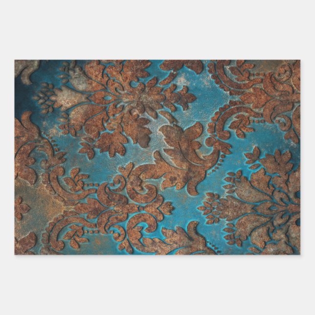 Dark Teal and Rust Damask Wrapping Paper Sheets (Front)