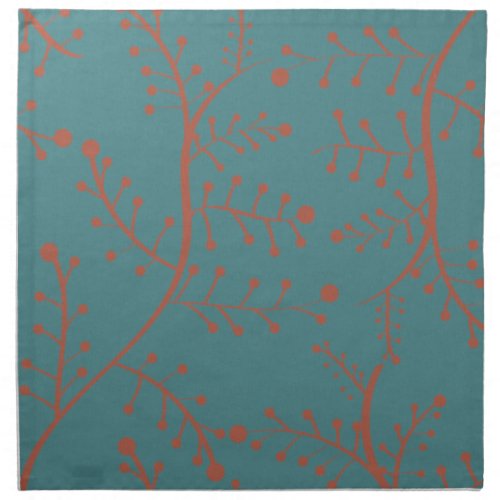 Dark Teal and Salmon Orange Tree Branch Pattern Cloth Napkin