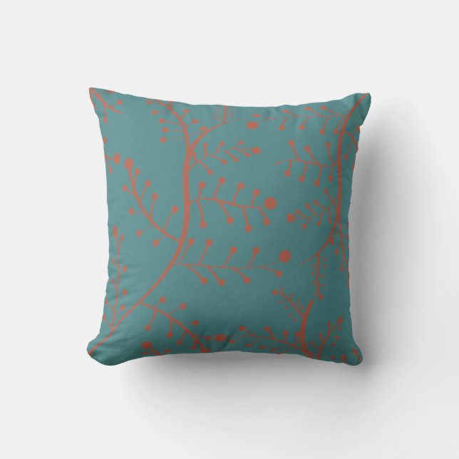 Dark Teal and Salmon Orange Tree Branch Pattern Throw Pillow (Front)