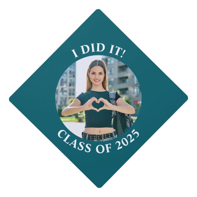 Dark Teal and White Circle School Photo Graduation Cap Topper (Front)