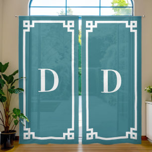 Dark Teal and White Greek Key Border Monogram Sheer Curtains