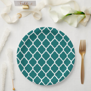 Dark Teal and White Moroccan Quatrefoil Paper Plates